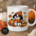 Fall Puppy Mug with cute dog in orange beanie and scarf surrounded by pumpkins and autumn leaves