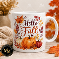 Hello Fall Mug with watercolor pumpkins and autumn leaves