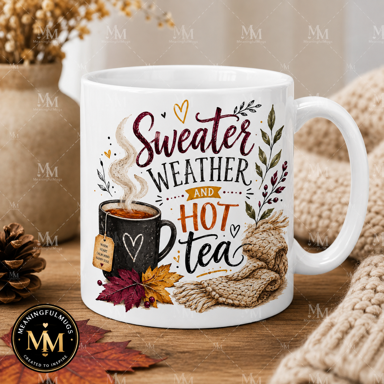Sweater Weather and Hot Tea Mug with steaming tea cup, autumn leaves, and cozy knit scarf design