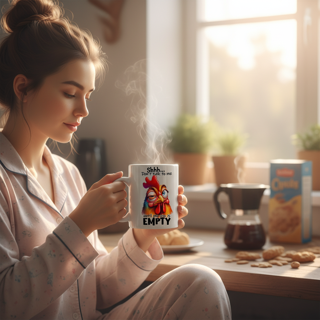 Cozy morning grumpy chicken mug scene