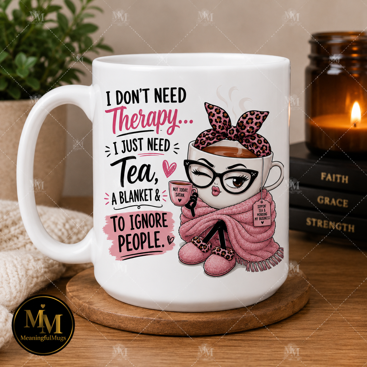 I Don't Need Therapy I Just Need Tea mug with cozy tea cup character