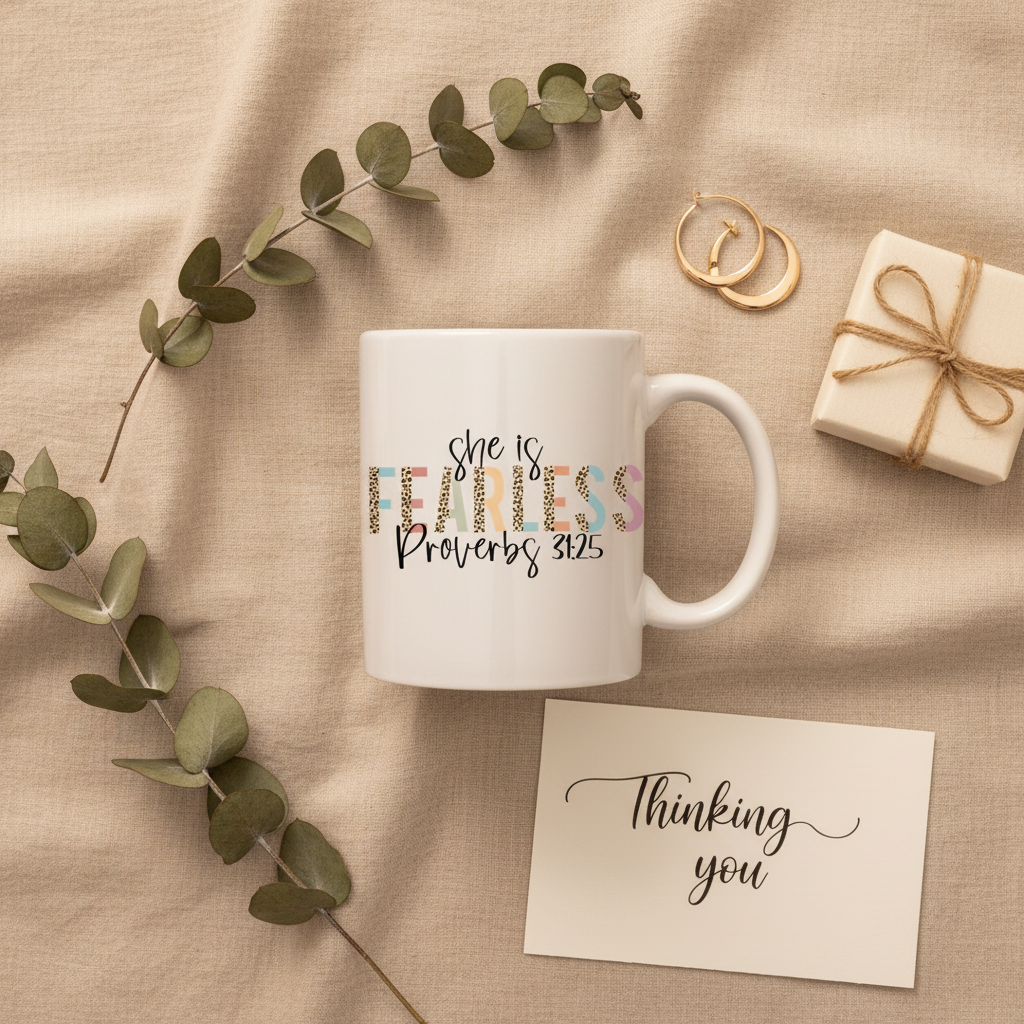 She Is Fearless mug in gift flat lay with eucalyptus and gold accents