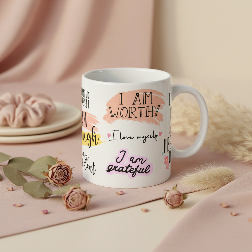 I Am Enough affirmation mug lifestyle mockup