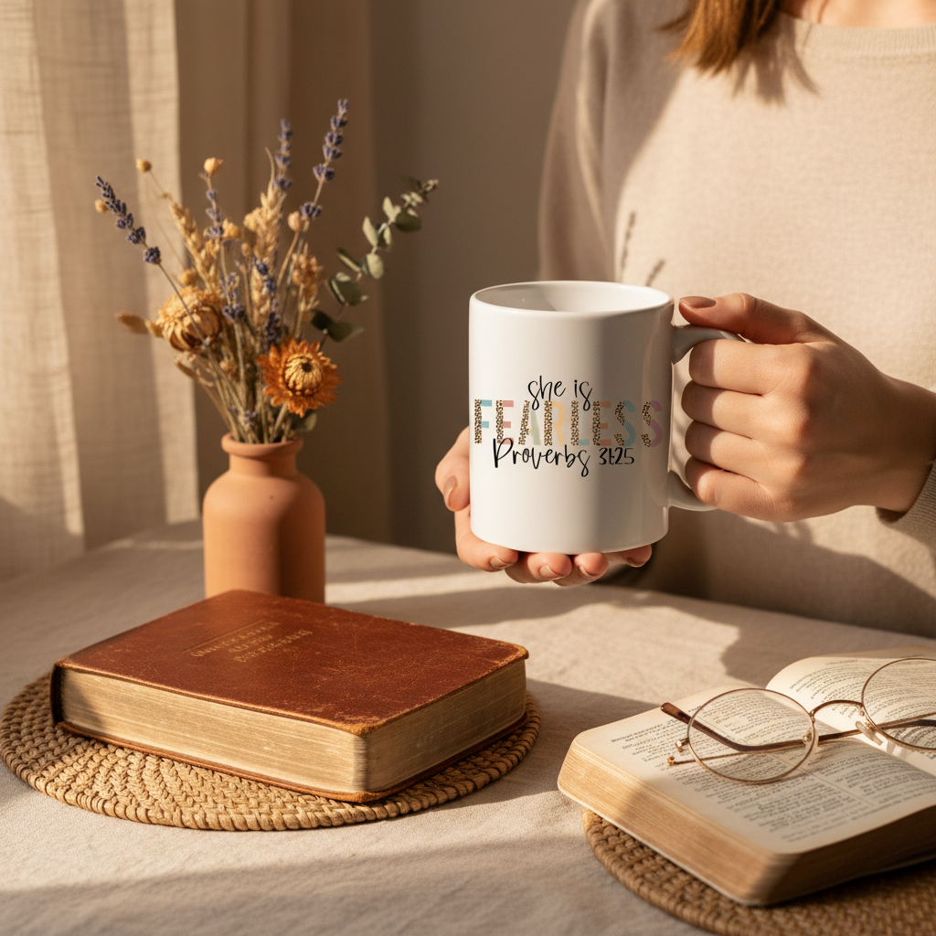 She Is Fearless mug held in hands with cozy morning vibe