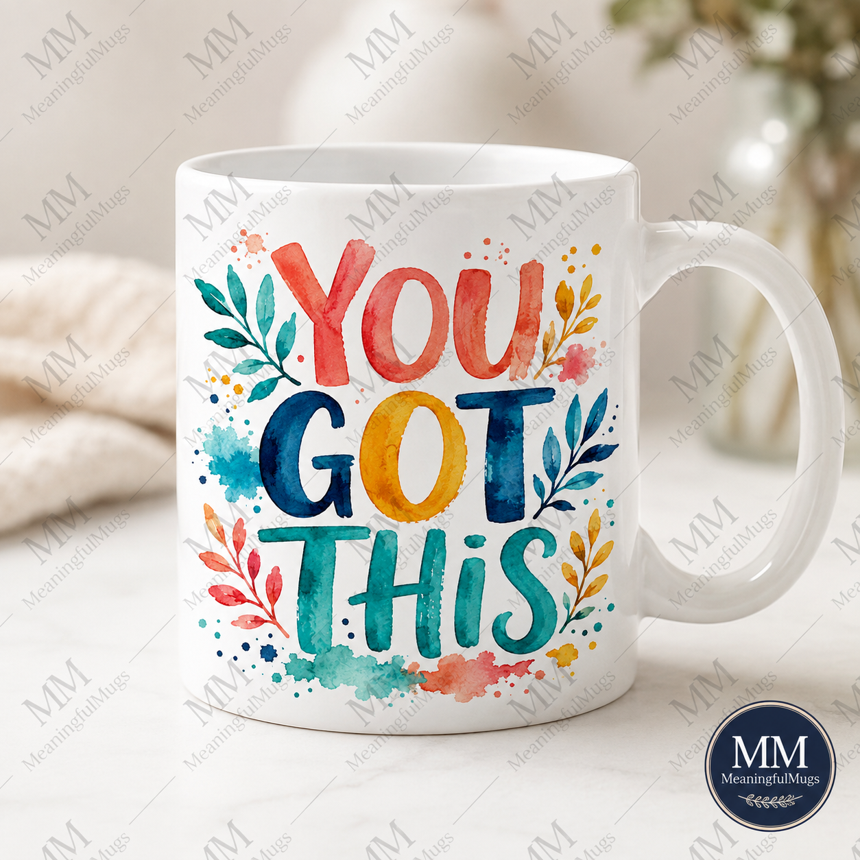 You Got This mug with colorful watercolor floral design on white ceramic mug
