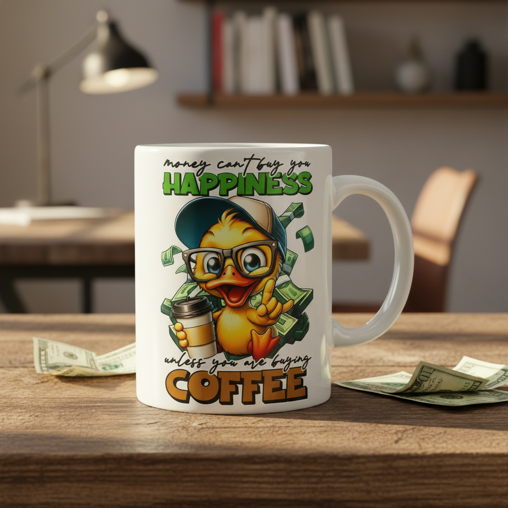 Money Can't Buy Happiness Mug - Lifestyle Mockup