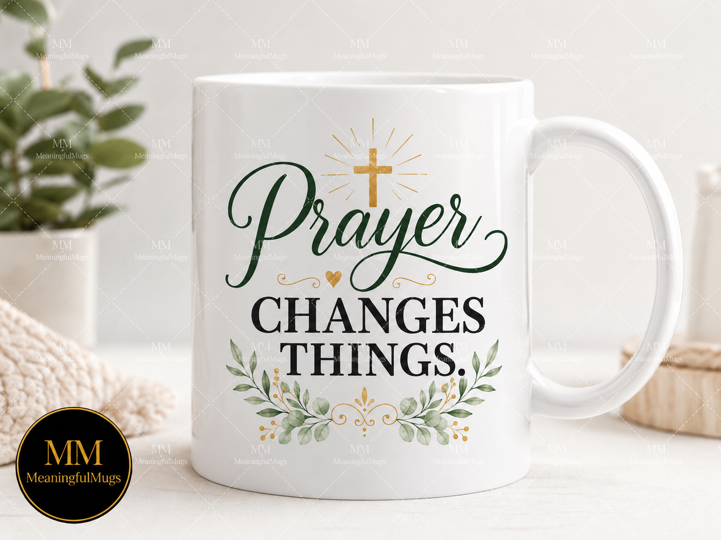 Prayer Changes Things ceramic mug with gold cross and watercolor botanicals