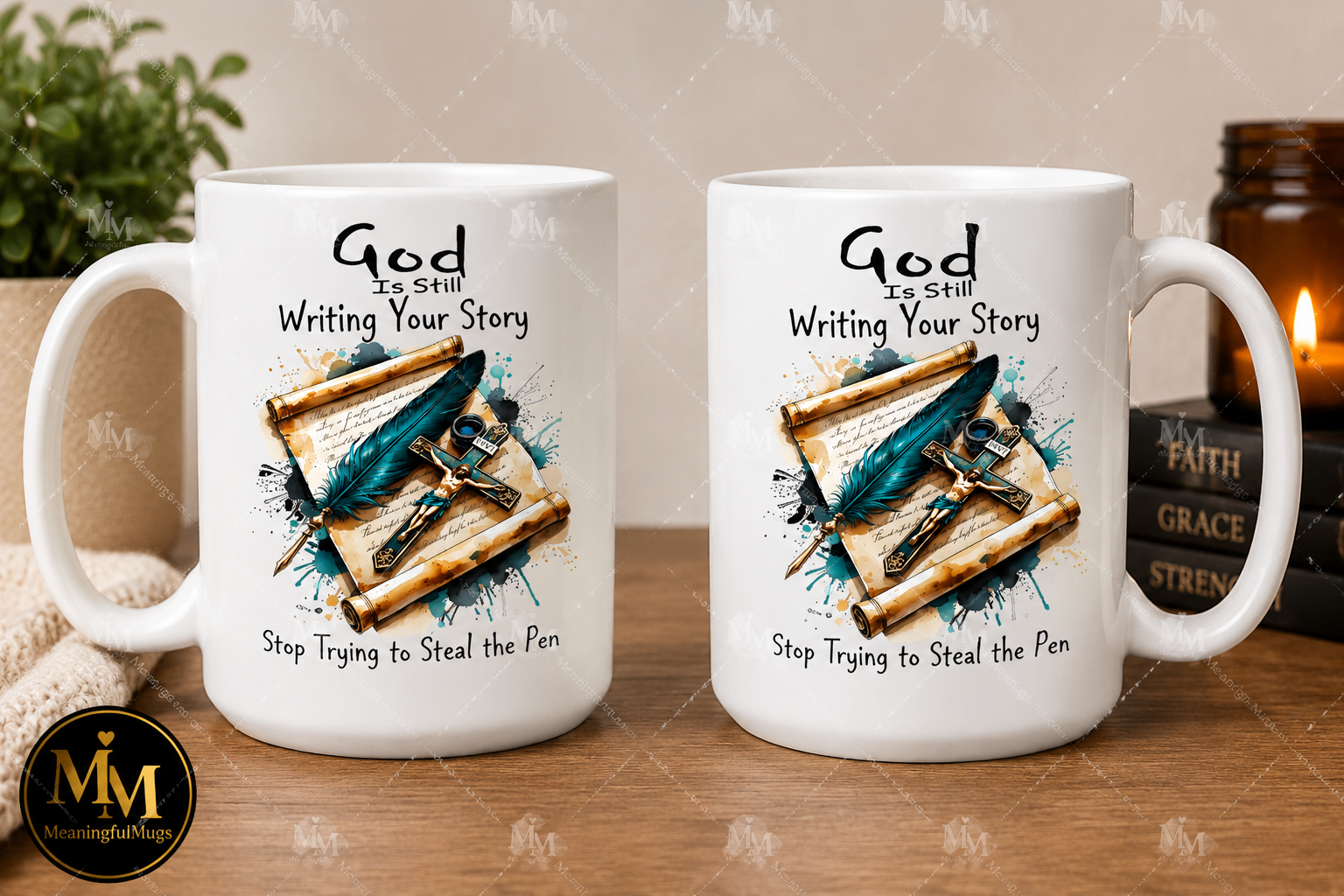 God Is Still Writing Your Story mug with scroll and cross design